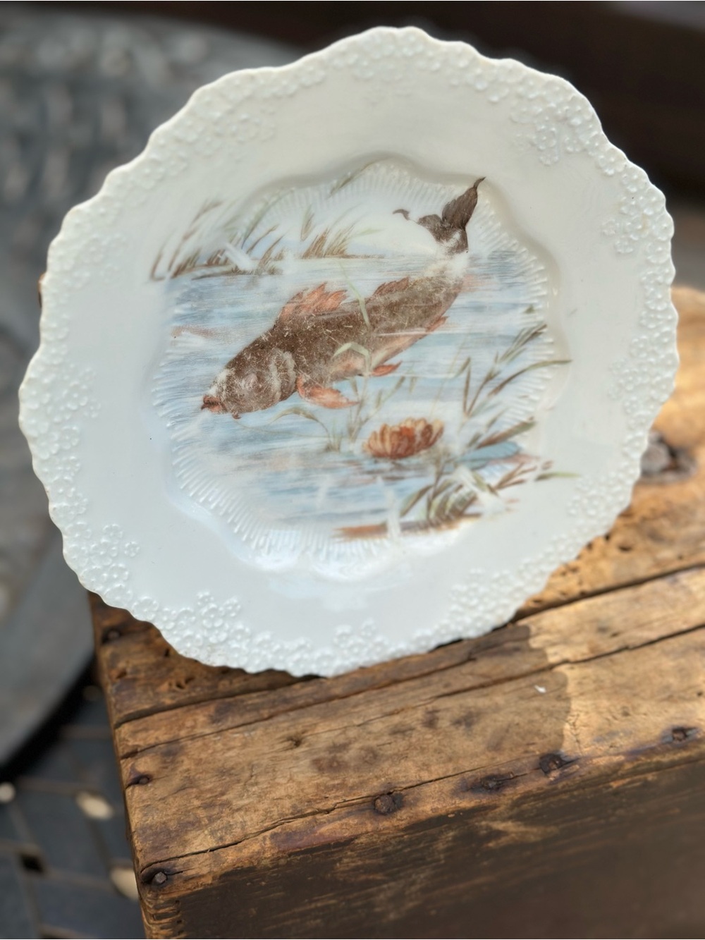 Vintage Silesia Porcelain Fish Plate Scenic Fishing Decor